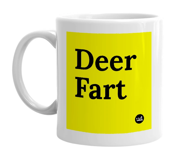 White mug with 'Deer Fart' in bold black letters