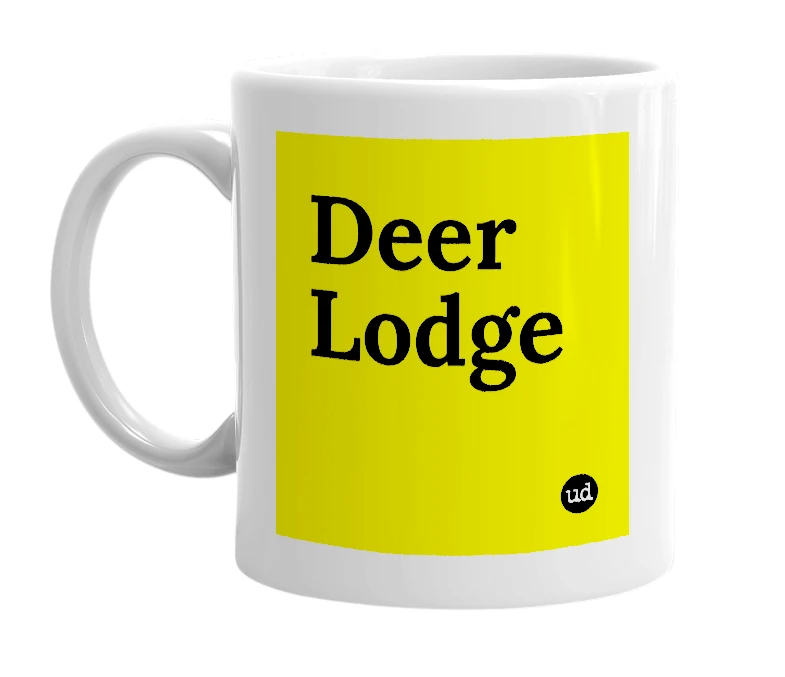 White mug with 'Deer Lodge' in bold black letters