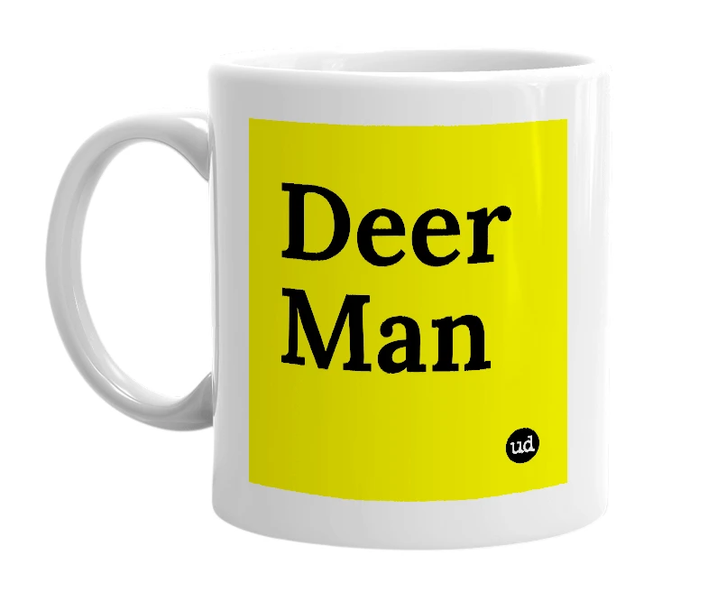White mug with 'Deer Man' in bold black letters