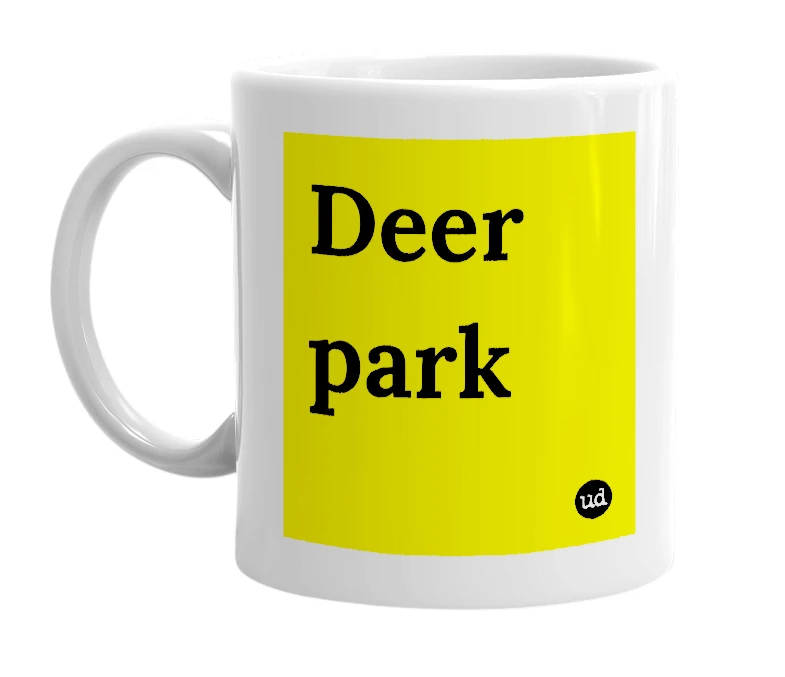 White mug with 'Deer park' in bold black letters