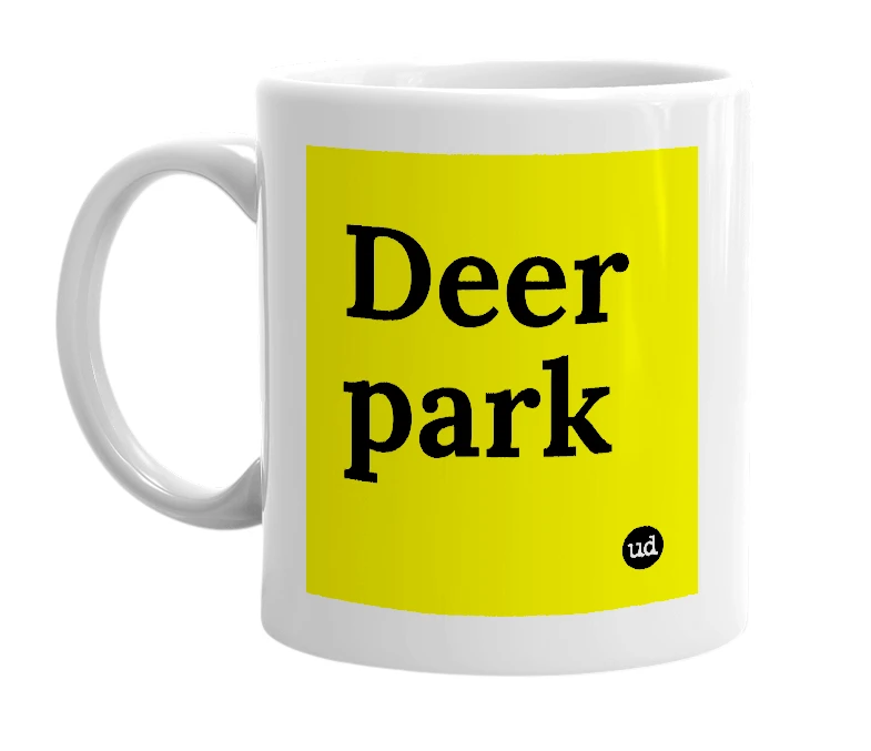 White mug with 'Deer park' in bold black letters