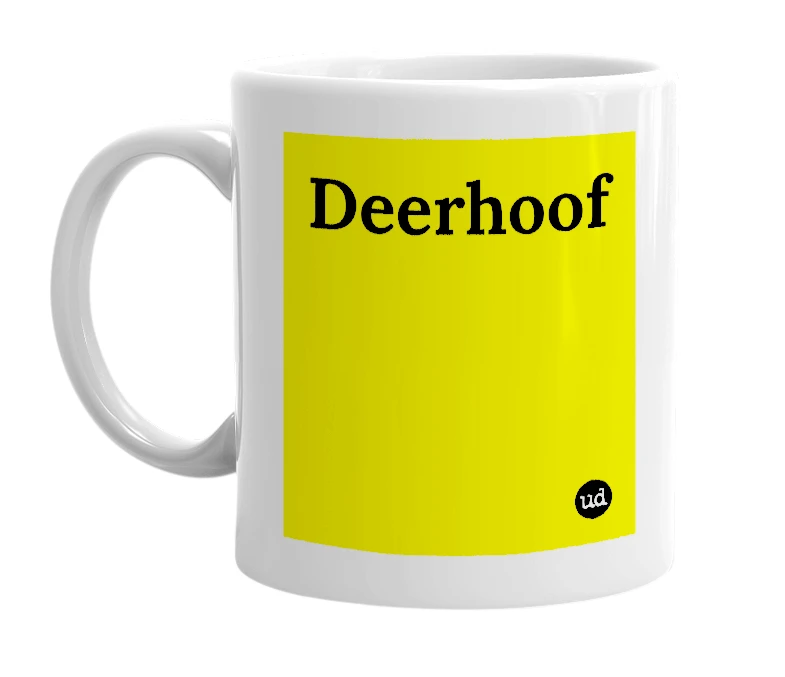 White mug with 'Deerhoof' in bold black letters