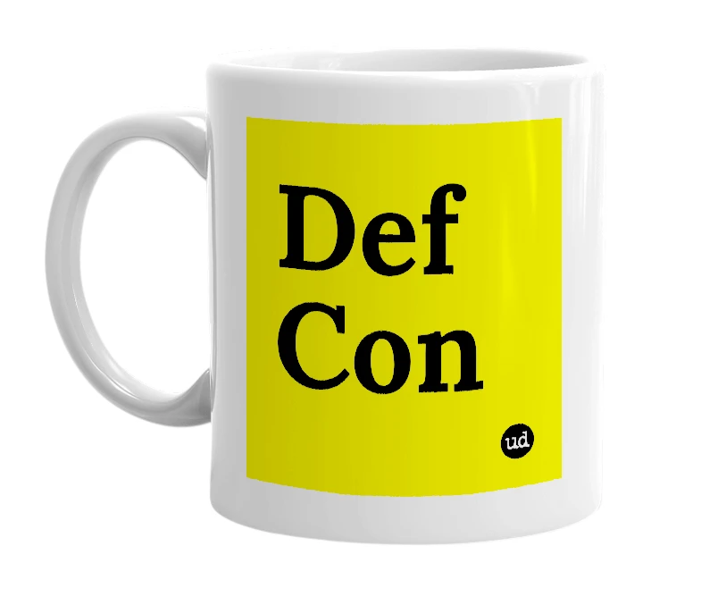 White mug with 'Def Con' in bold black letters