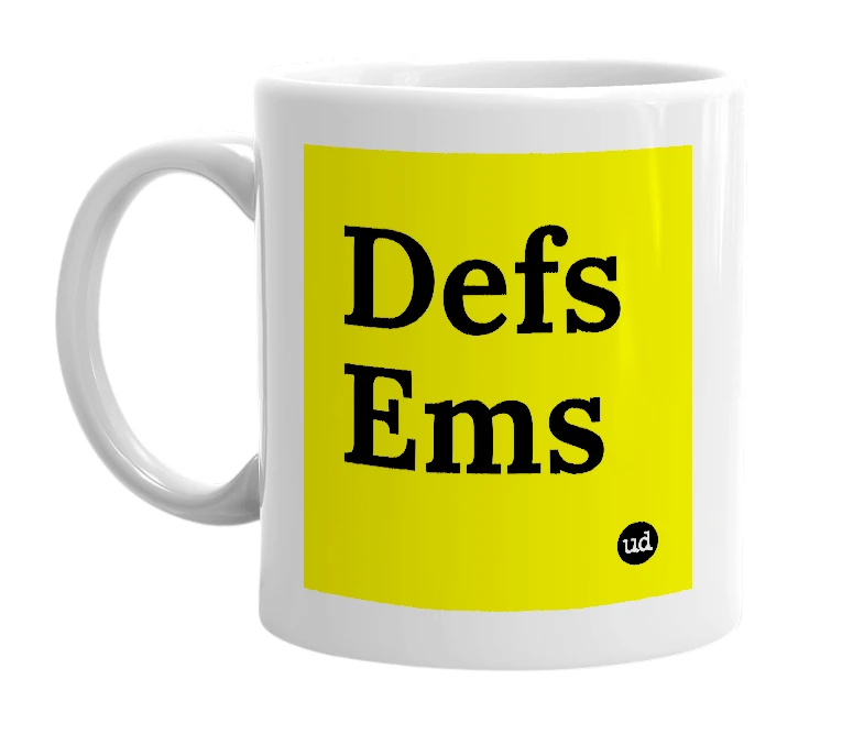 White mug with 'Defs Ems' in bold black letters