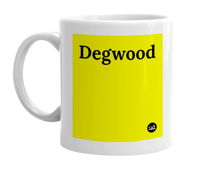 White mug with 'Degwood' in bold black letters