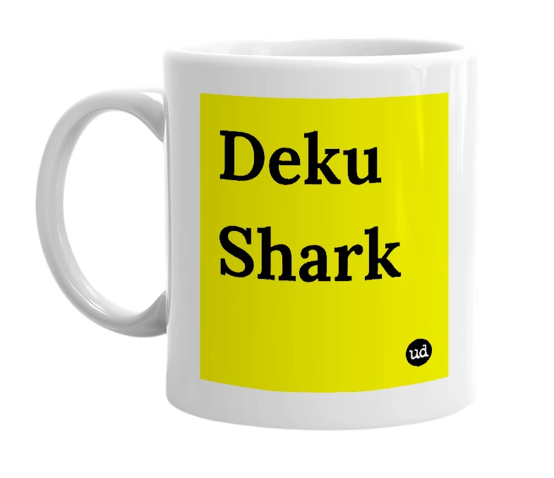 White mug with 'Deku Shark' in bold black letters