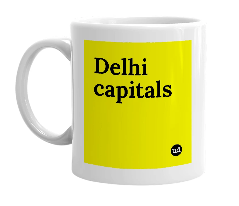 White mug with 'Delhi capitals' in bold black letters