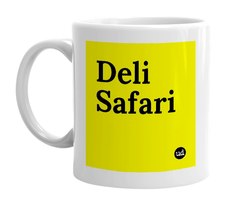 White mug with 'Deli Safari' in bold black letters