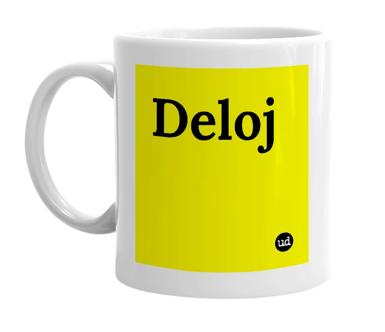 White mug with 'Deloj' in bold black letters