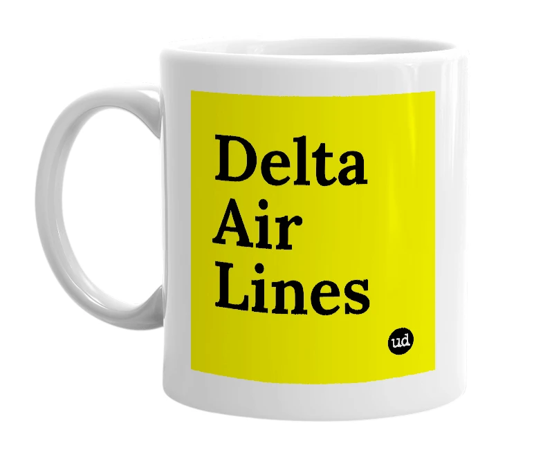 White mug with 'Delta Air Lines' in bold black letters