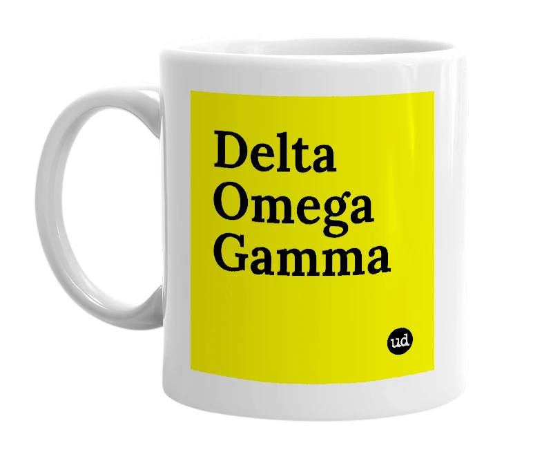 White mug with 'Delta Omega Gamma' in bold black letters