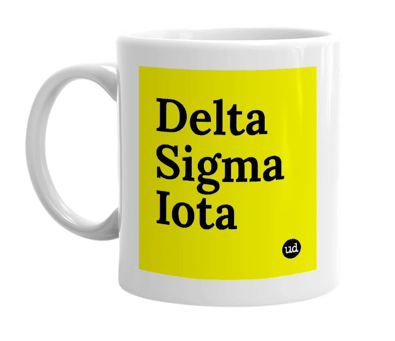 White mug with 'Delta Sigma Iota' in bold black letters