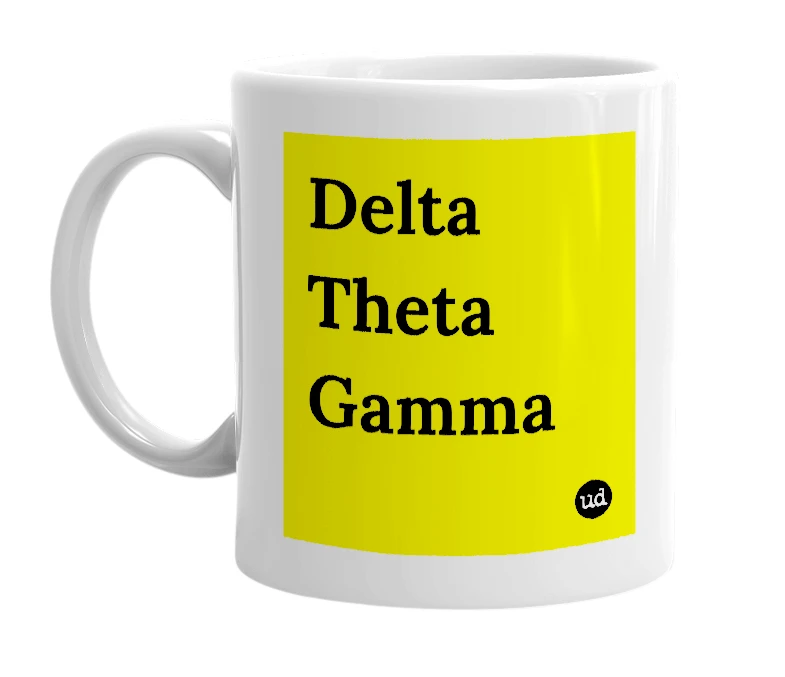 White mug with 'Delta Theta Gamma' in bold black letters