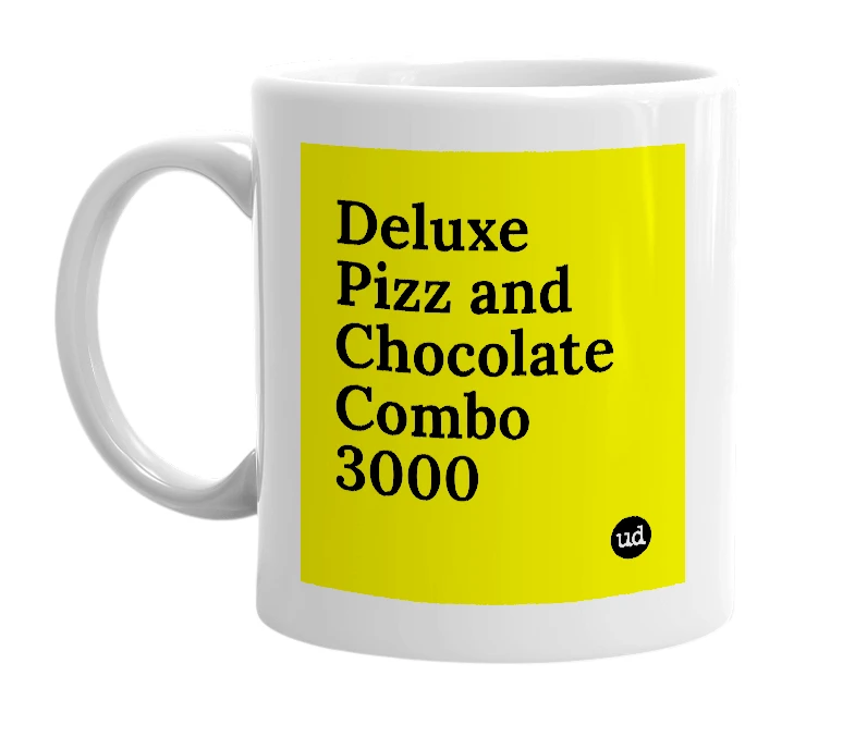White mug with 'Deluxe Pizz and Chocolate Combo 3000' in bold black letters