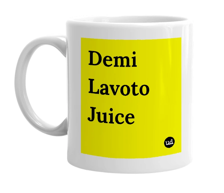 White mug with 'Demi Lavoto Juice' in bold black letters