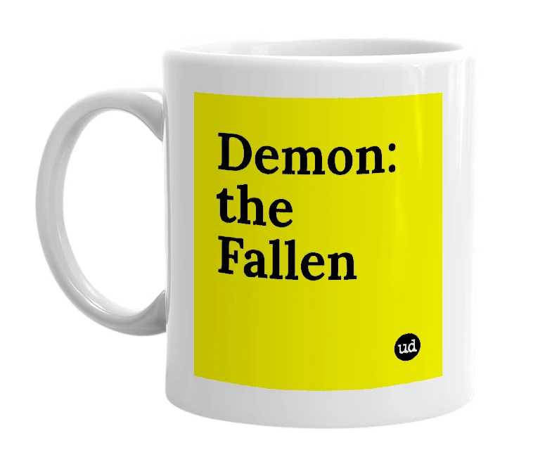 White mug with 'Demon: the Fallen' in bold black letters