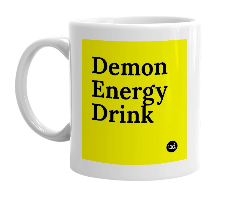 White mug with 'Demon Energy Drink' in bold black letters