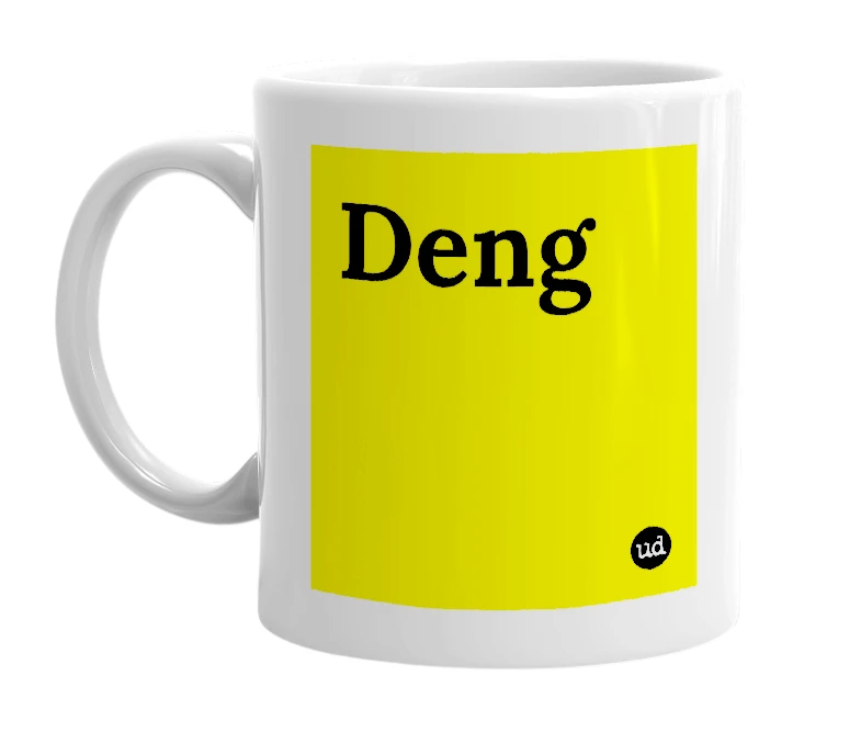 White mug with 'Deng' in bold black letters