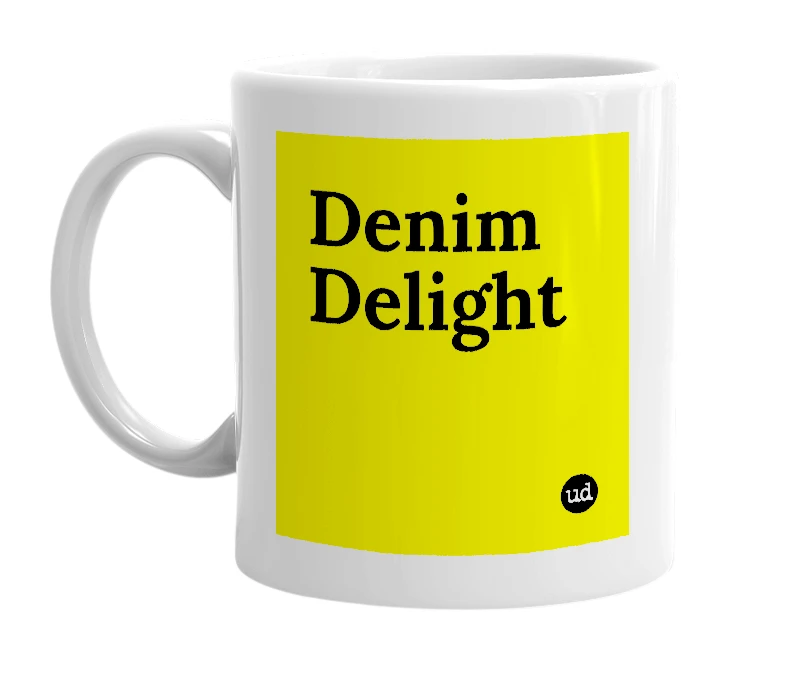 White mug with 'Denim Delight' in bold black letters