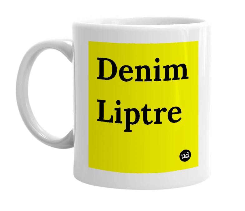White mug with 'Denim Liptre' in bold black letters