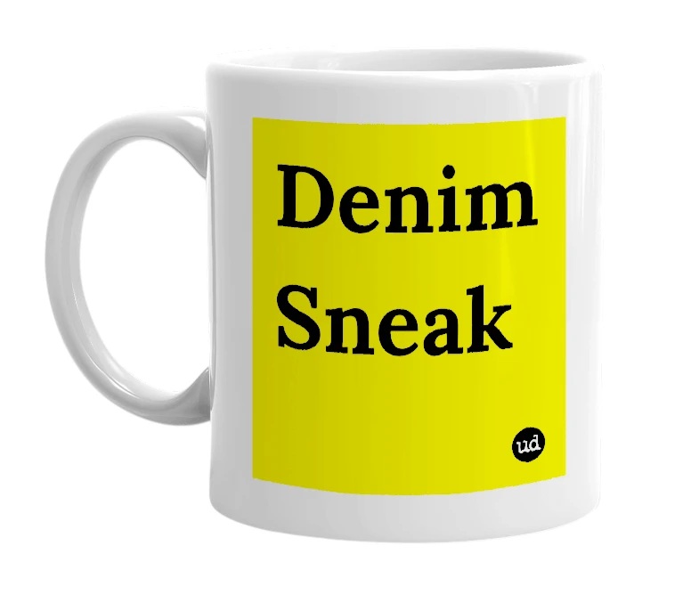 White mug with 'Denim Sneak' in bold black letters