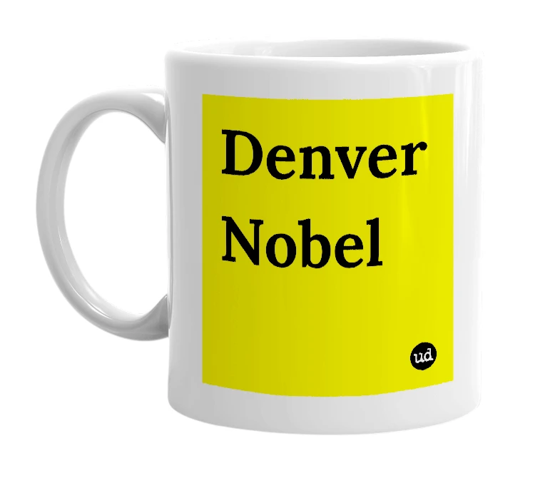 White mug with 'Denver Nobel' in bold black letters