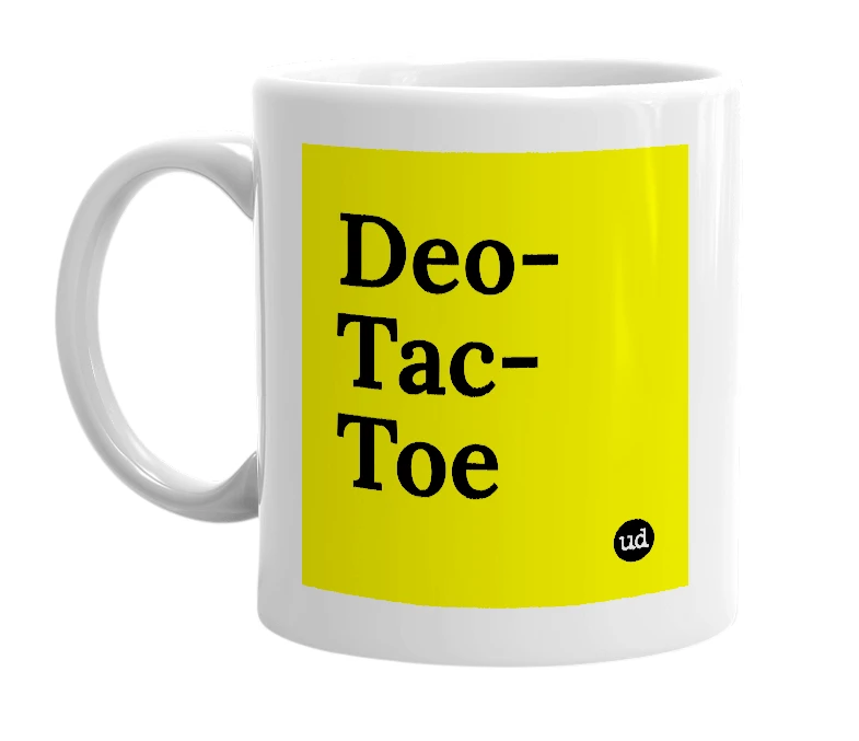 White mug with 'Deo-Tac-Toe' in bold black letters
