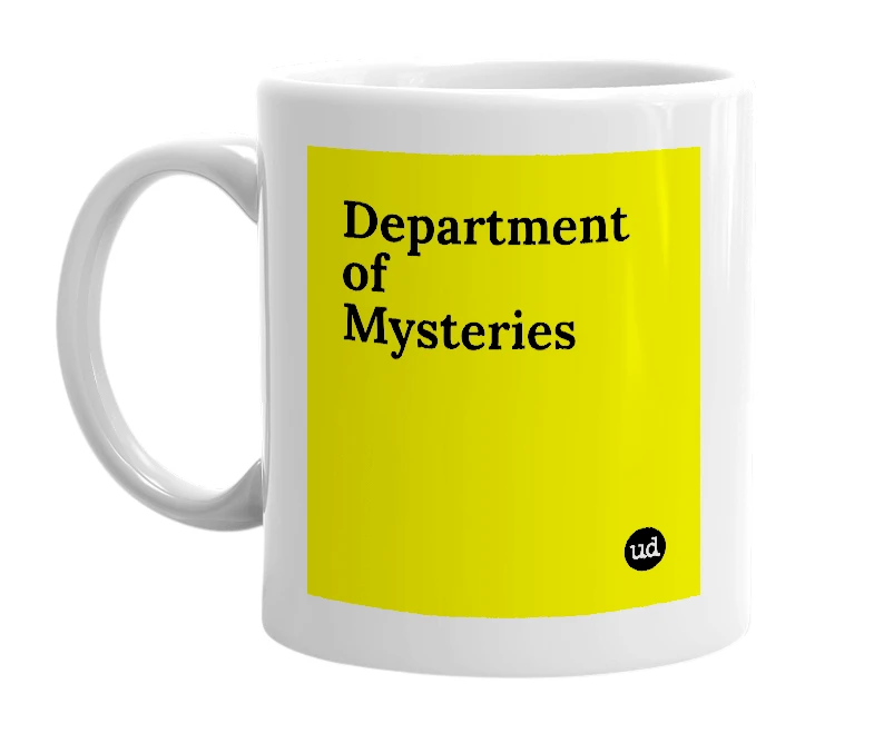 White mug with 'Department of Mysteries' in bold black letters