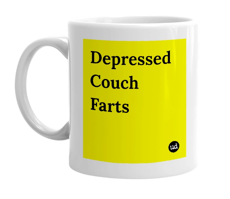 White mug with 'Depressed Couch Farts' in bold black letters