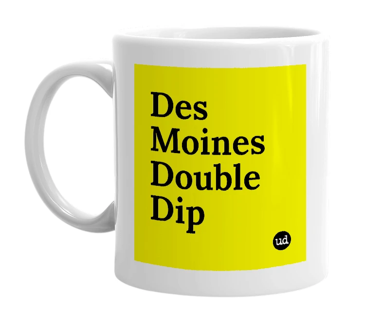 White mug with 'Des Moines Double Dip' in bold black letters