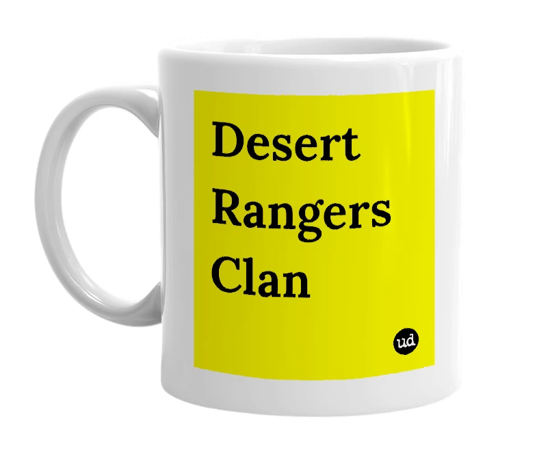White mug with 'Desert Rangers Clan' in bold black letters