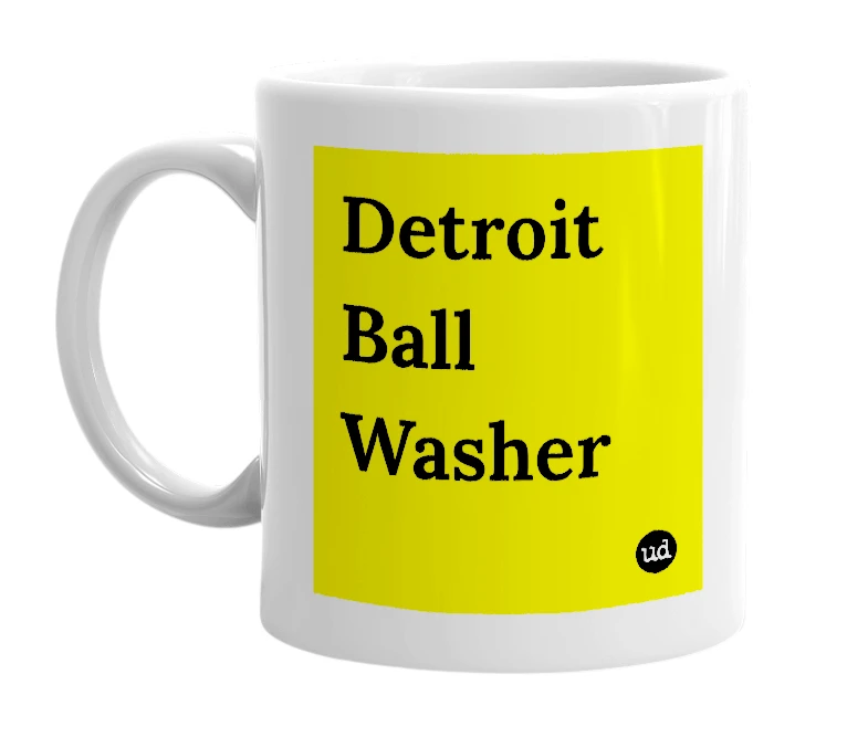 White mug with 'Detroit Ball Washer' in bold black letters