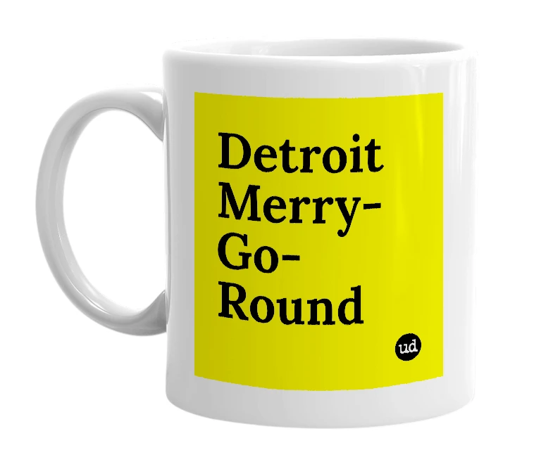 White mug with 'Detroit Merry-Go-Round' in bold black letters