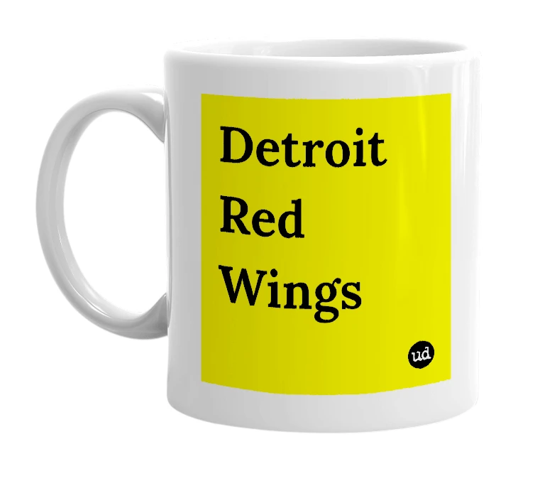 White mug with 'Detroit Red Wings' in bold black letters