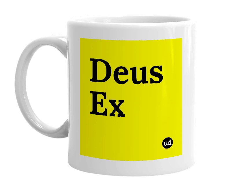 White mug with 'Deus Ex' in bold black letters