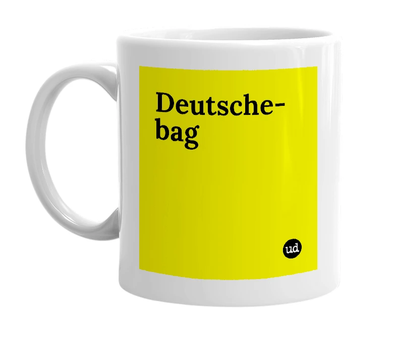 White mug with 'Deutsche-bag' in bold black letters