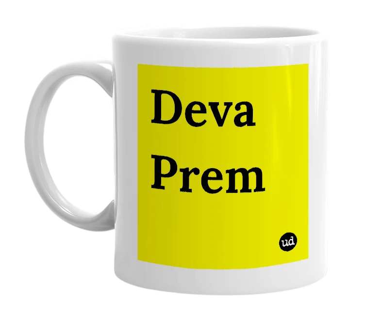White mug with 'Deva Prem' in bold black letters