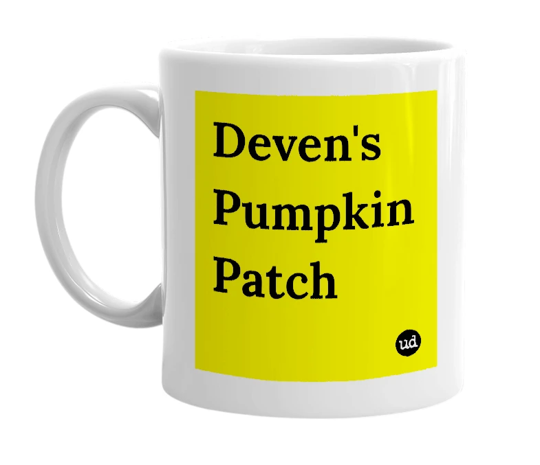 White mug with 'Deven's Pumpkin Patch' in bold black letters