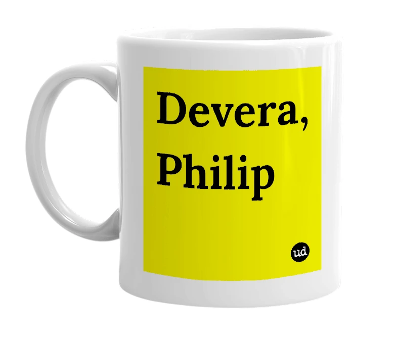 White mug with 'Devera, Philip' in bold black letters