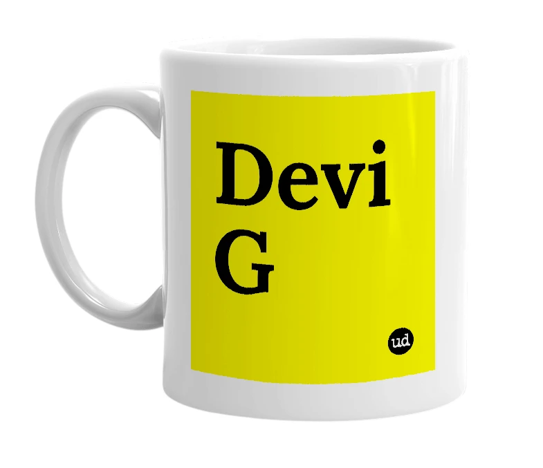 White mug with 'Devi G' in bold black letters