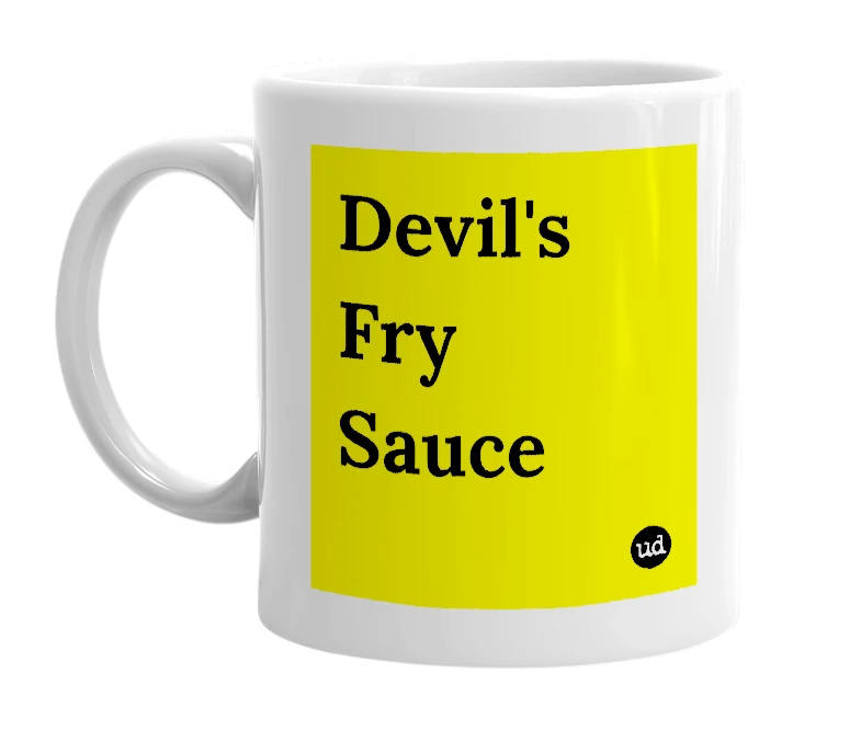 White mug with 'Devil's Fry Sauce' in bold black letters