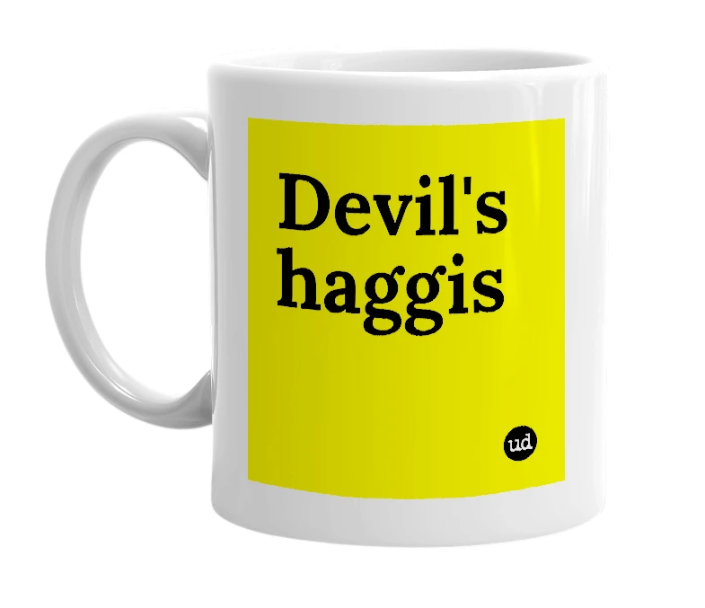 White mug with 'Devil's haggis' in bold black letters