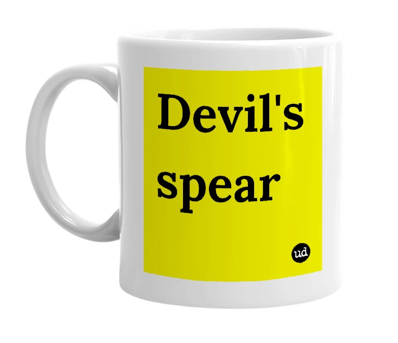 White mug with 'Devil's spear' in bold black letters