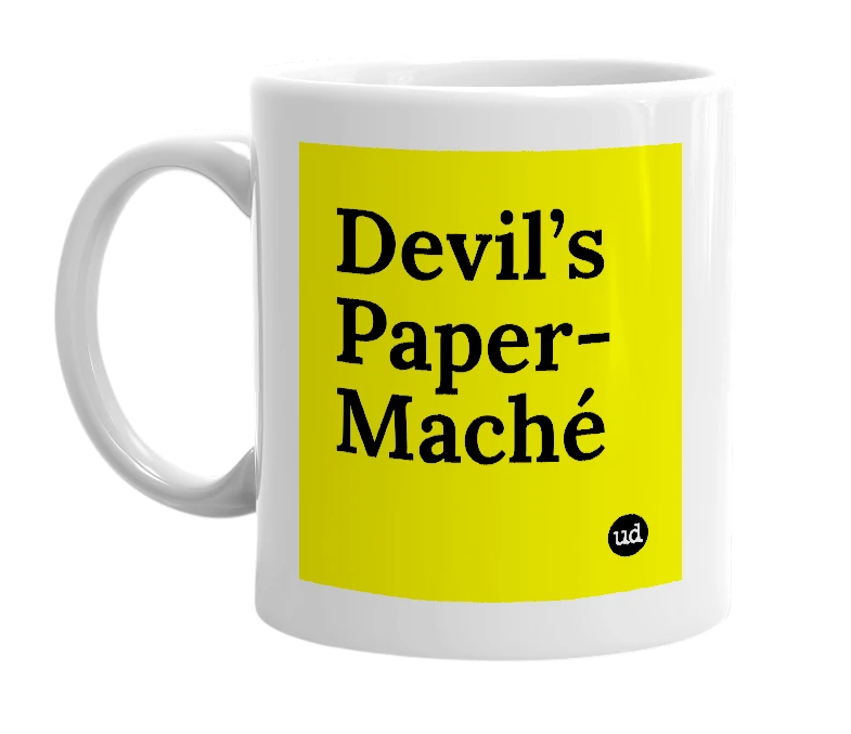 White mug with 'Devil’s Paper-Maché' in bold black letters
