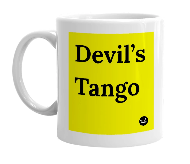 White mug with 'Devil’s Tango' in bold black letters