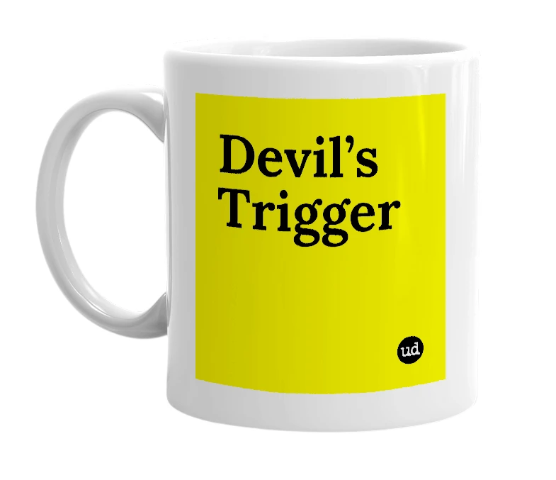 White mug with 'Devil’s Trigger' in bold black letters