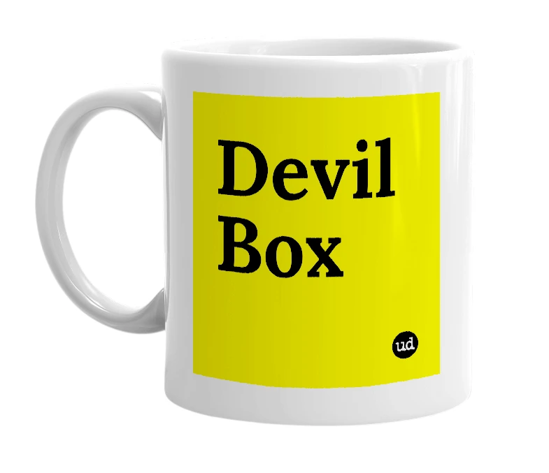 White mug with 'Devil Box' in bold black letters
