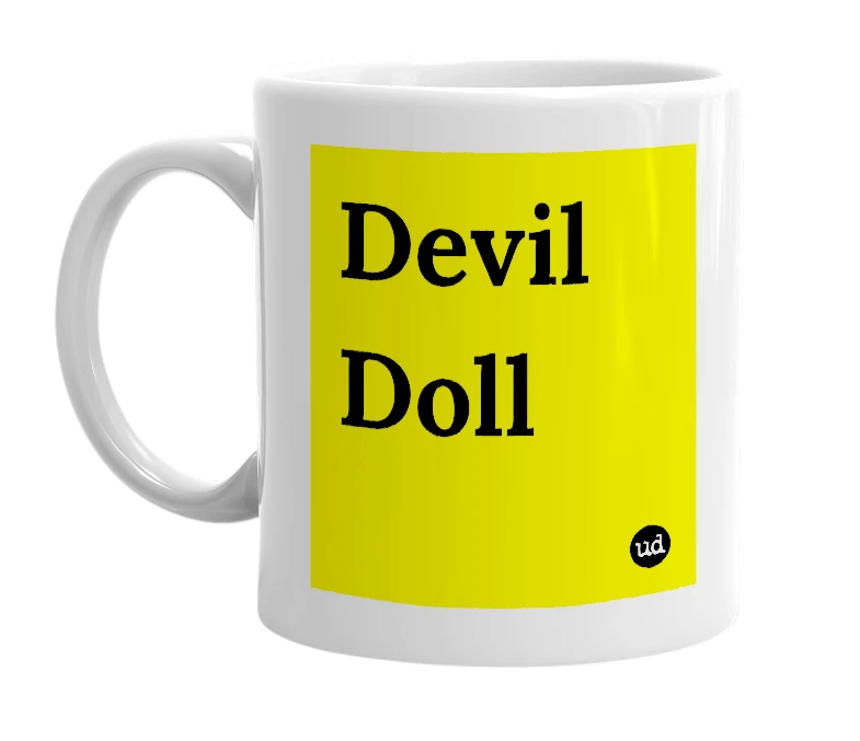 White mug with 'Devil Doll' in bold black letters