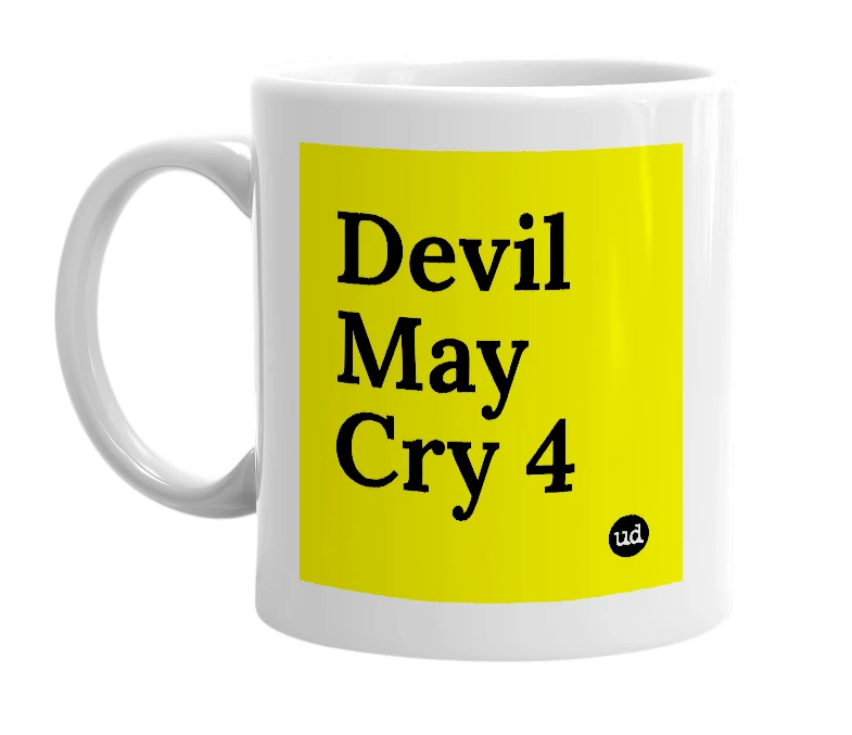 White mug with 'Devil May Cry 4' in bold black letters