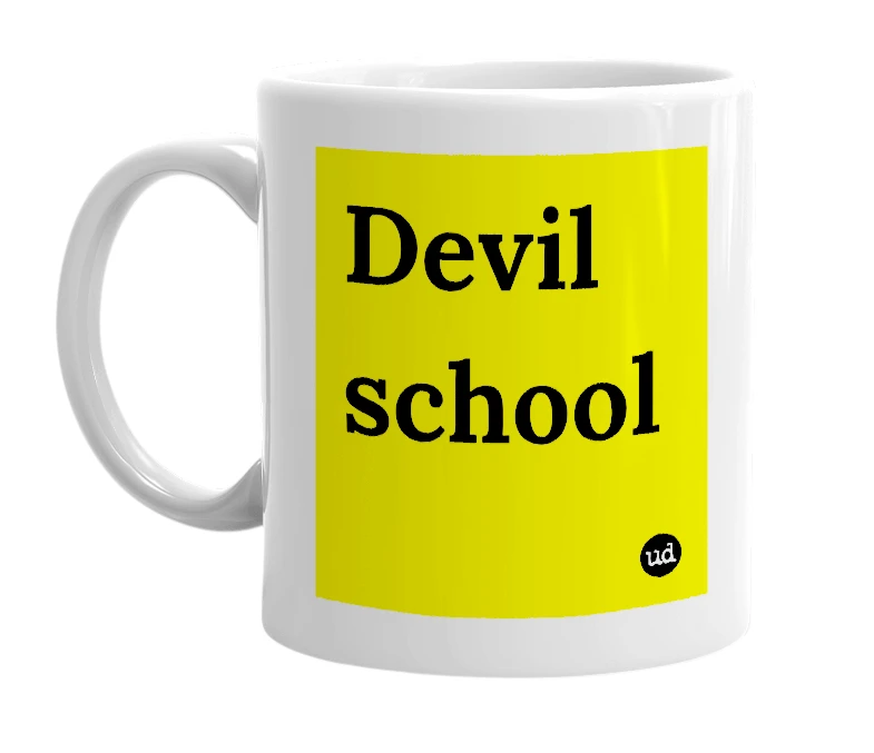 White mug with 'Devil school' in bold black letters